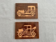 Stare Samochody 1907 1910 Drewniane Obrazy na ścianę 2 szt. Vintage