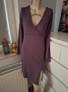 XL 42 H&M zimowa midi kopertowa fioletowa sukienka z rozcięciem na zime
