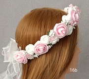 Biało różowy wianek, wianuszek komunijny z kryształkami gruby 