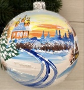 Bombka szklana choinkowa ręcznie malowana pejzaż kościół 12 cm