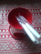 Ceramiczny komplet do fondue biały czerwony święta z napisem Chocolat