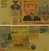 Banknot Pozłacany 20 zł. LECH KACZYŃSKI Warto Być Polakiem 2021r.