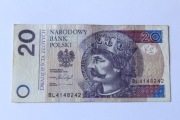 Banknot 20 zł z 2016 roku Seria BL4148242 ciekawy numer