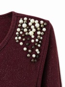Bluzka bordowa perełki na ramionach połysk elegancka 44 XXL