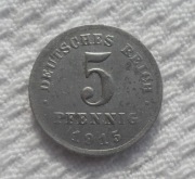 Niemcy Cesarstwo Wilhelm II 5 fenigów pfennig 1915 A Berlin Prusy KM# 19 Fe
