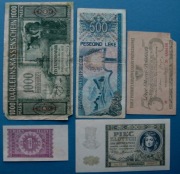 5 szt: 1000 m Kowno,5Mkp 1919 500 leki obieg,1zł 1946UNC 5zł 1941 unc.