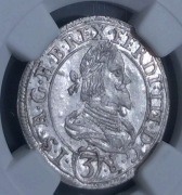 Węgry, 3 krajcary 1638 Graz , Ferdynand III NGC MS 61