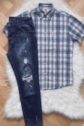 Zestaw męski  spodnie jeansowe wąskie z dziurami + koszula w kratkę S/M  