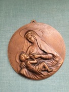 Ryngraf Matka Boska karmiąca Mosiądz Płaskorzeźba 