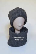 Komplet czapka + komin wełna 49% grafit