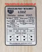 Wiertarka WSA 25 Tabliczka Tabela Obrotów 