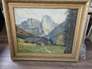 Obraz olejny pejzaż alpejski z chatą 108x89 C.Walther