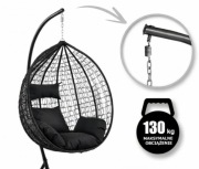 Fotel wiszący, huśtawka kokon czarny z czarnymi poduszkami KR23