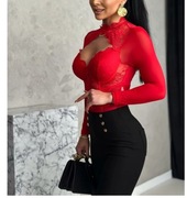 Body damskie koronkowe z wycięciem na dekolcie czerwone r. 38 M