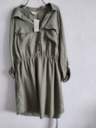 Sukienka koszulowa oliwkowa z kieszeniami i taliowaniem