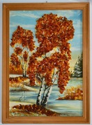 Obraz z naturalnego bursztynu pejzaż jesienny, ręczne wykonanie, 21x29,5 cm