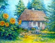 obraz olejny "Wiejska chata w słonecznikach"