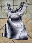 Sukienka kremowa a granatowe paski  40