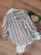 biała koszula damska w stylu old money w pasy paski bluzka brązowa 38M