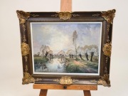 Wierzby nad rzeką olej na płótnie w bogatej ramie 103/85cm P. Boone XIXw 