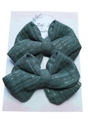 Spinki kokardy handmade butelkowa zieleń z błyszczącą nitką 