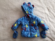 Niebieska kurtka zimowa w dinozaury z rękawiczkami George 62 - 68 jak nowa