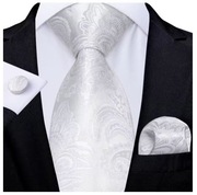 M7883 Elegancki jedwabny biały Krawat + Poszetka + Spinki