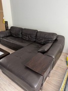 Piękny skórzany narożnik z pufą + drewniana ława