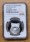 2007 Bielarus 20 Rubli " Wilk " . NGC PR 70 Ultra Cameo. Rzadka !