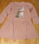 Sukienka bawełniana z kotkiem, długi rękaw, dziewczynka, rozm. 122/128