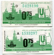 Bilety MPK Kraków - 2x0,75zł różne / opłata manip.