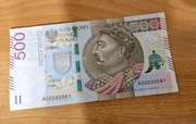 Banknot obiegowy 500zl seria AG0020561