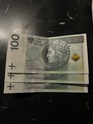 Banknoty 100 zł, unikatowe numery seryjne IA0745441, IA0745442, IA0745443