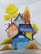 Akwarela, obraz kolorowe domki, A5