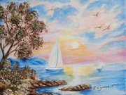 OBRAZ RĘCZNIE MALOWANY PEJZAŻ AKRYLOWY "NA SPOKOJNYCH WODACH"- 24x30cm