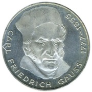 Srebrna moneta 5 marek - Carl Friedrich Gauss. Czytaj opis.