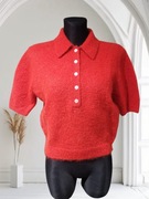 H&M Premium damski sweter moher & wełna czerwony z kołnierzykiem polo