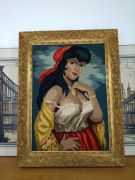 Obraz haftowany ręcznie  gobelin – portret kobiety , złota rama