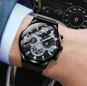 Stylowy Męski zegarek kwarcowy czarny, z bransoletą typu "mesh"