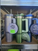 KUBEK TERMICZNY ZE SŁOMKĄ BROKATOWY ZIELONY, NIEBIESKI  z UCHWYTEM 1100ML