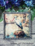 Dekoracyjny obrazek z bocianem farmhouse shabby vintage decoupage ptaki