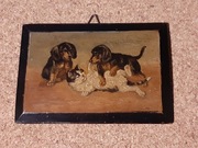OBRAZEK NA DESCE z 1929 roku - JAMNIKI Z KOTEM - olej, 16,5x11,5cm