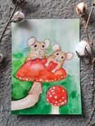 Piękna Akwarela Oryginał, dwie zakochane myszki na muchomorze, w ramie, A5
