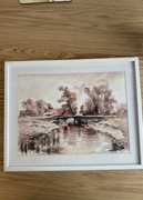 Krajobraz, Dom nad wodą, akwarela