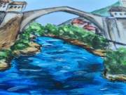 Mostar miasto most Bośnia pejzaż rzeka obraz akwarela 21x30