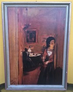 Stary obraz Adolph Menzel "W salonie z siostrą artysty" olej kopia 1960