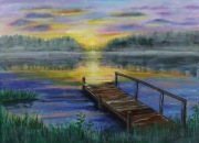Obraz olejny ręcznie malowany „Pomost o świcie” 55x75 cm jezioro krajobraz