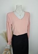 Bluzka elegancka na długi rękaw dekolt w serek pudrowy róż na okazję