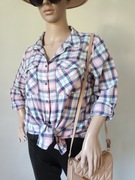 Damska koszula w kratę, różowa, rękaw długi, rękaw 3/4 r L/40