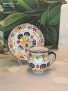 Zestaw ceramiczny Bolesławiec kubek czeski 200 ml talerzyk 15 cm.Unikat.